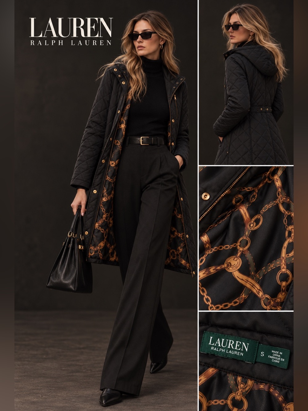 Lauren Ralph Lauren Black Quilted Equestrian Hooded Coat S